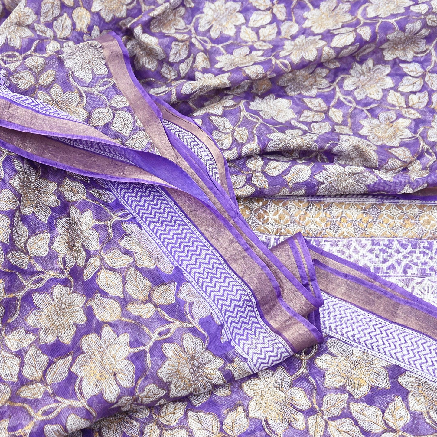 Indian Vintage Sari Purple & Ivory Pure Silk Block Printed Sarees Craft Fabric 6Yd Floral Dress making bollywood silk sarees