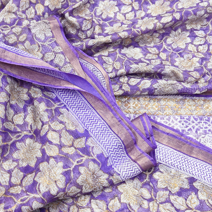 Indian Vintage Sari Purple & Ivory Pure Silk Block Printed Sarees Craft Fabric 6Yd Floral Dress making bollywood silk sarees