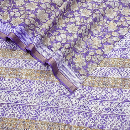 Indian Vintage Sari Purple & Ivory Pure Silk Block Printed Sarees Craft Fabric 6Yd Floral Dress making bollywood silk sarees