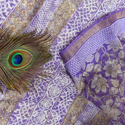Indian Vintage Sari Purple & Ivory Pure Silk Block Printed Sarees Craft Fabric 6Yd Floral Dress making bollywood silk sarees