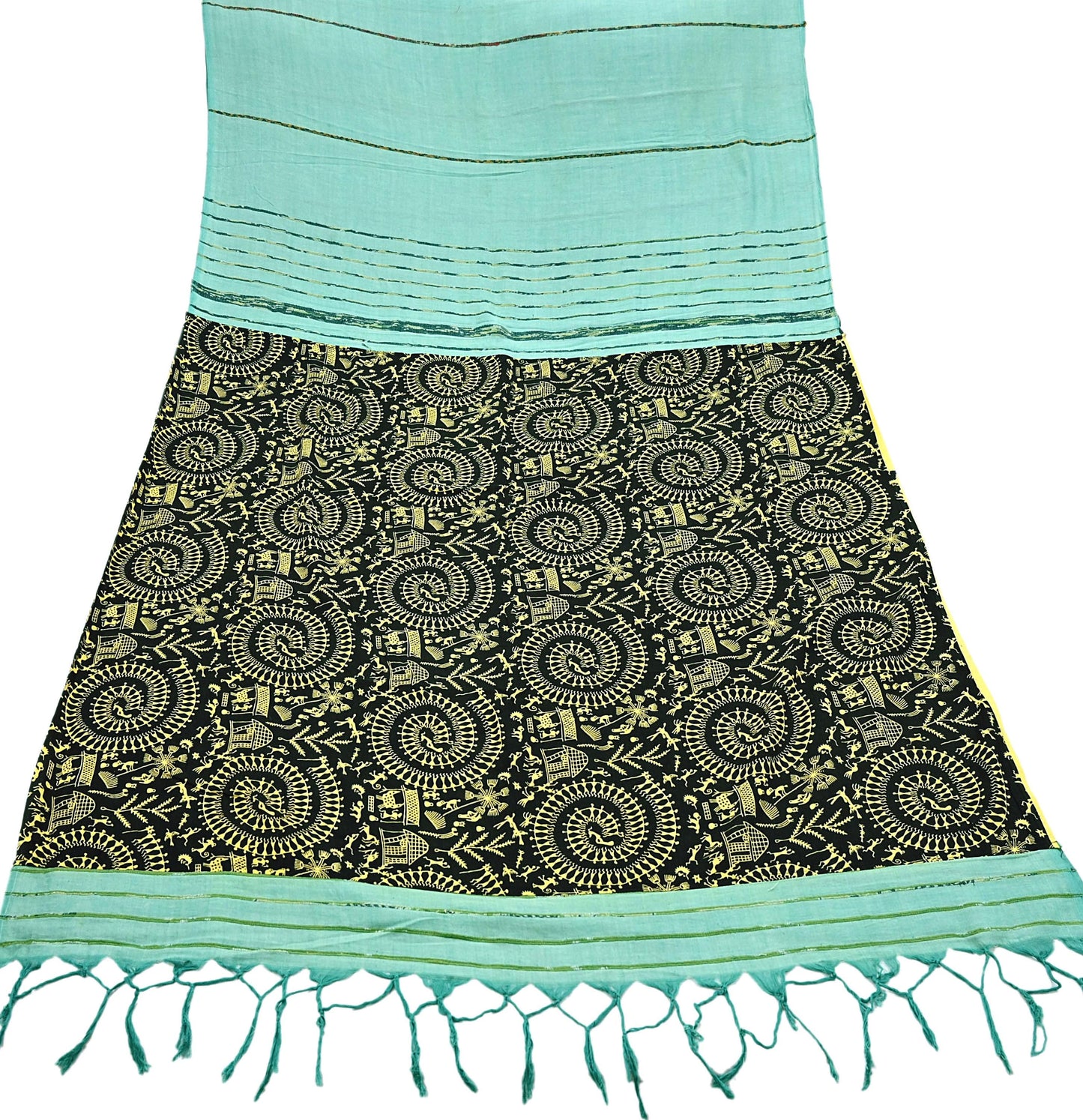 Indian Vintage Sari Green & Black Pure Cotton Warli Print Saree 6Yd Craft Fabric Soft Sewing Sarong Wrap Boho Quilting Crafting Used Upcycle