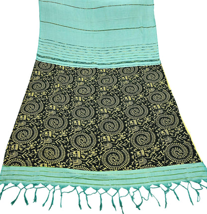 Indian Vintage Sari Green & Black Pure Cotton Warli Print Saree 6Yd Craft Fabric Soft Sewing Sarong Wrap Boho Quilting Crafting Used Upcycle