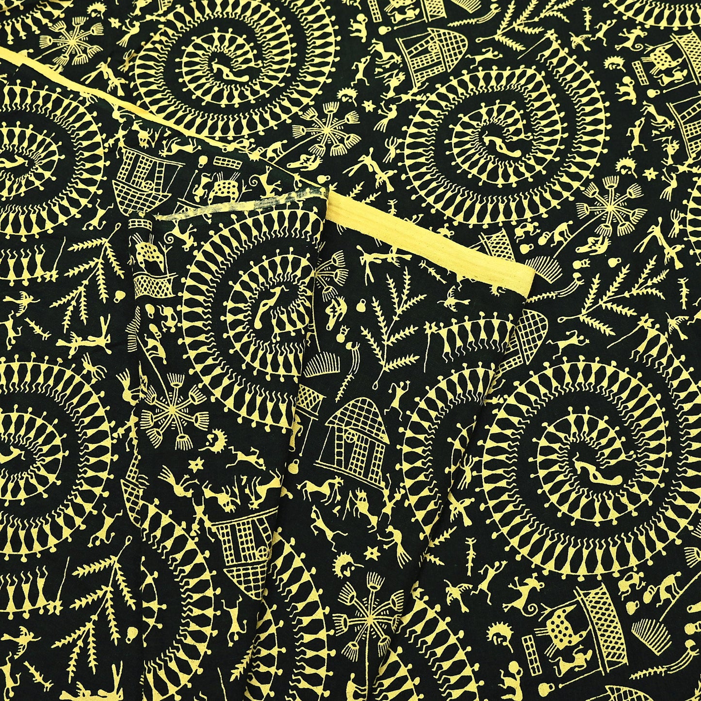Indian Vintage Sari Green & Black Pure Cotton Warli Print Saree 6Yd Craft Fabric Soft Sewing Sarong Wrap Boho Quilting Crafting Used Upcycle