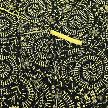 Indian Vintage Sari Green & Black Pure Cotton Warli Print Saree 6Yd Craft Fabric Soft Sewing Sarong Wrap Boho Quilting Crafting Used Upcycle