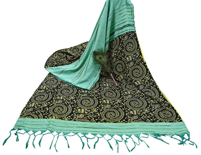 Indian Vintage Sari Green & Black Pure Cotton Warli Print Saree 6Yd Craft Fabric Soft Sewing Sarong Wrap Boho Quilting Crafting Used Upcycle