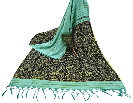 Indian Vintage Sari Green & Black Pure Cotton Warli Print Saree 6Yd Craft Fabric Soft Sewing Sarong Wrap Boho Quilting Crafting Used Upcycle