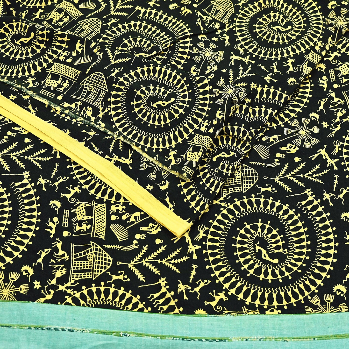 Indian Vintage Sari Green & Black Pure Cotton Warli Print Saree 6Yd Craft Fabric Soft Sewing Sarong Wrap Boho Quilting Crafting Used Upcycle