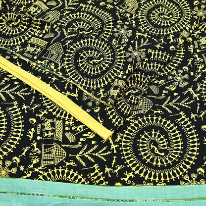 Indian Vintage Sari Green & Black Pure Cotton Warli Print Saree 6Yd Craft Fabric Soft Sewing Sarong Wrap Boho Quilting Crafting Used Upcycle