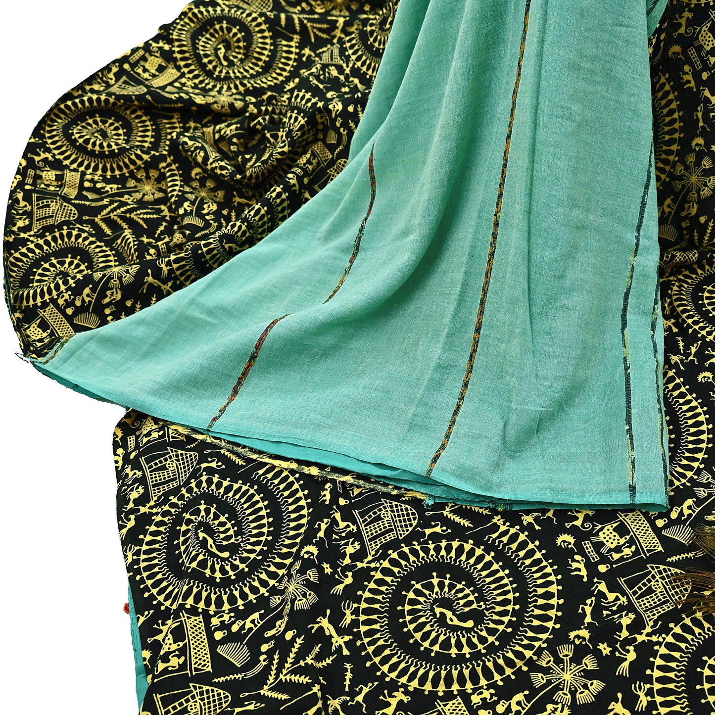 Indian Vintage Sari Green & Black Pure Cotton Warli Print Saree 6Yd Craft Fabric Soft Sewing Sarong Wrap Boho Quilting Crafting Used Upcycle