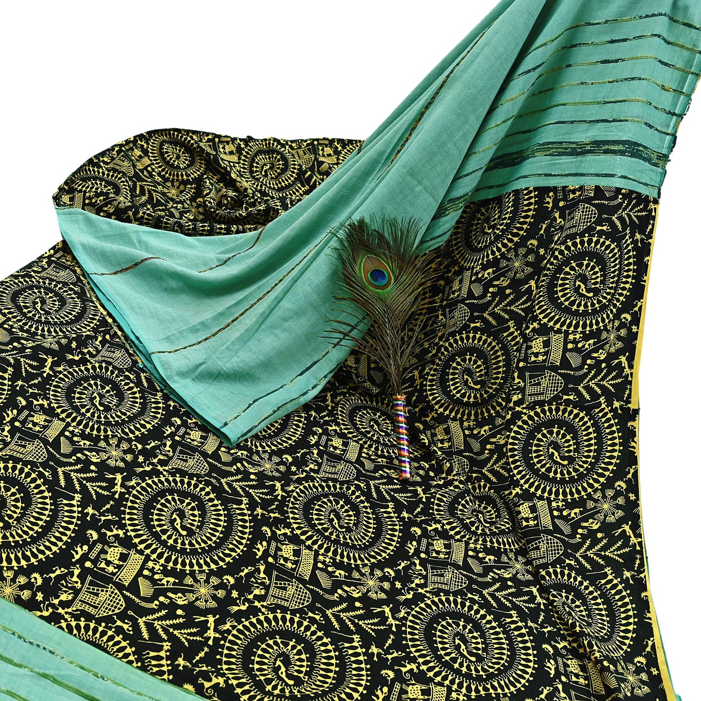 Indian Vintage Sari Green & Black Pure Cotton Warli Print Saree 6Yd Craft Fabric Soft Sewing Sarong Wrap Boho Quilting Crafting Used Upcycle