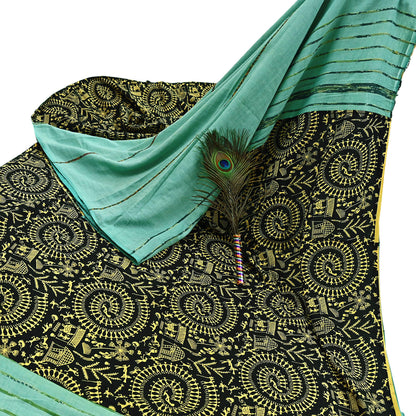 Indian Vintage Sari Green & Black Pure Cotton Warli Print Saree 6Yd Craft Fabric Soft Sewing Sarong Wrap Boho Quilting Crafting Used Upcycle