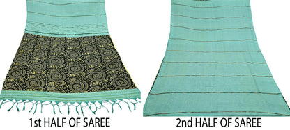 Indian Vintage Sari Green & Black Pure Cotton Warli Print Saree 6Yd Craft Fabric Soft Sewing Sarong Wrap Boho Quilting Crafting Used Upcycle