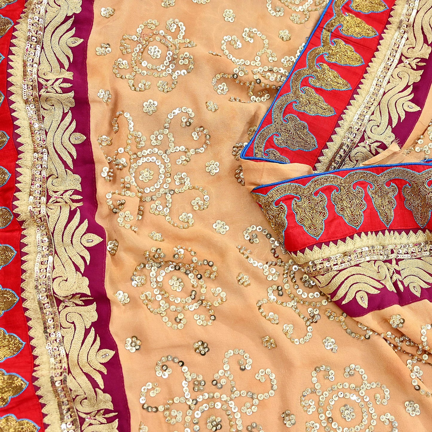 Indian Vintage Sari Beige Pure Georgette Silk Hand Embroidered manish malhotra Designer Saree Ethnic 5Yd Wedding Saree with blouse fabric