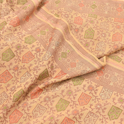 Indian Vintage Sari Beige 100% Pure Silk Hand Woven Saree 5Yd Craft Fabric Ethnic Sewing Zari Upcycle Dress Making Crafting Quilting Used
