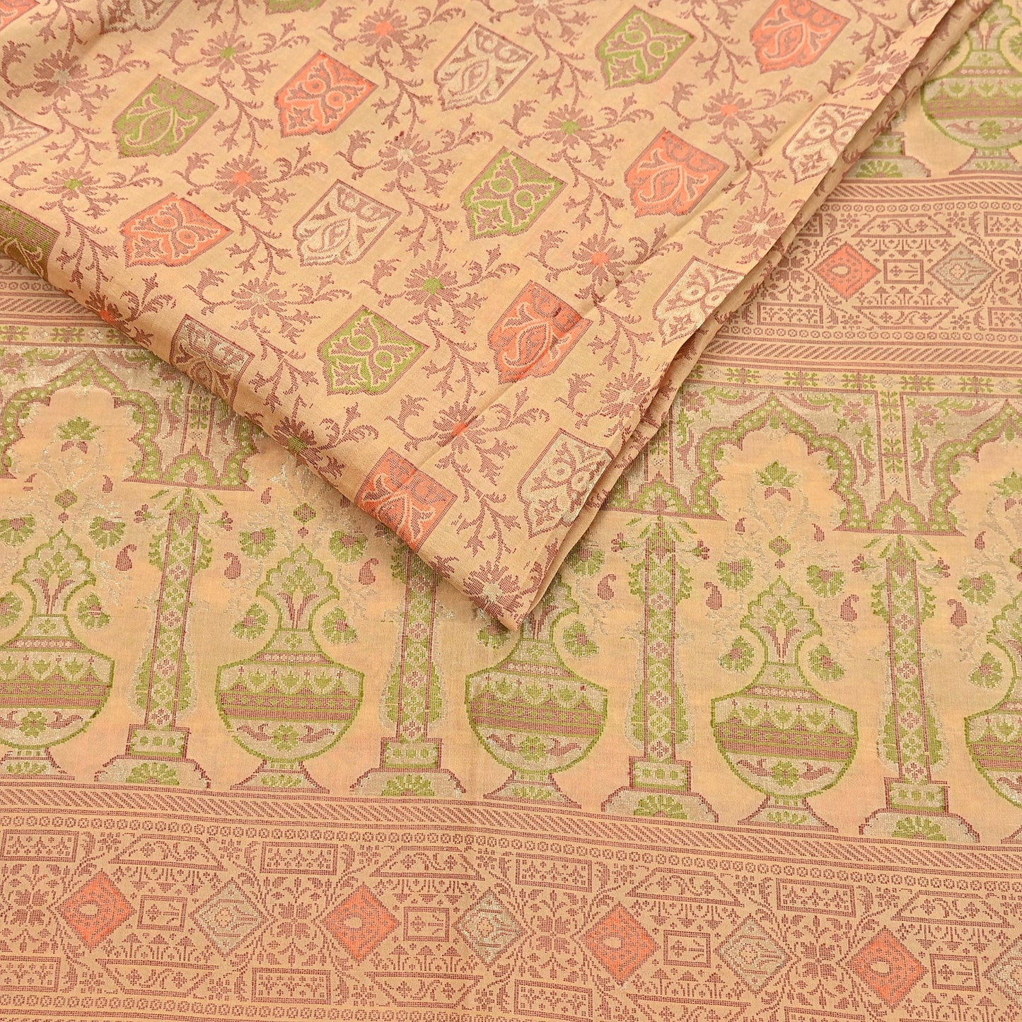 Indian Vintage Sari Beige 100% Pure Silk Hand Woven Saree 5Yd Craft Fabric Ethnic Sewing Zari Upcycle Dress Making Crafting Quilting Used