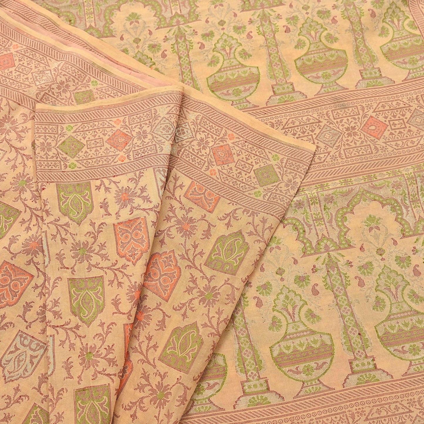 Indian Vintage Sari Beige 100% Pure Silk Hand Woven Saree 5Yd Craft Fabric Ethnic Sewing Zari Upcycle Dress Making Crafting Quilting Used