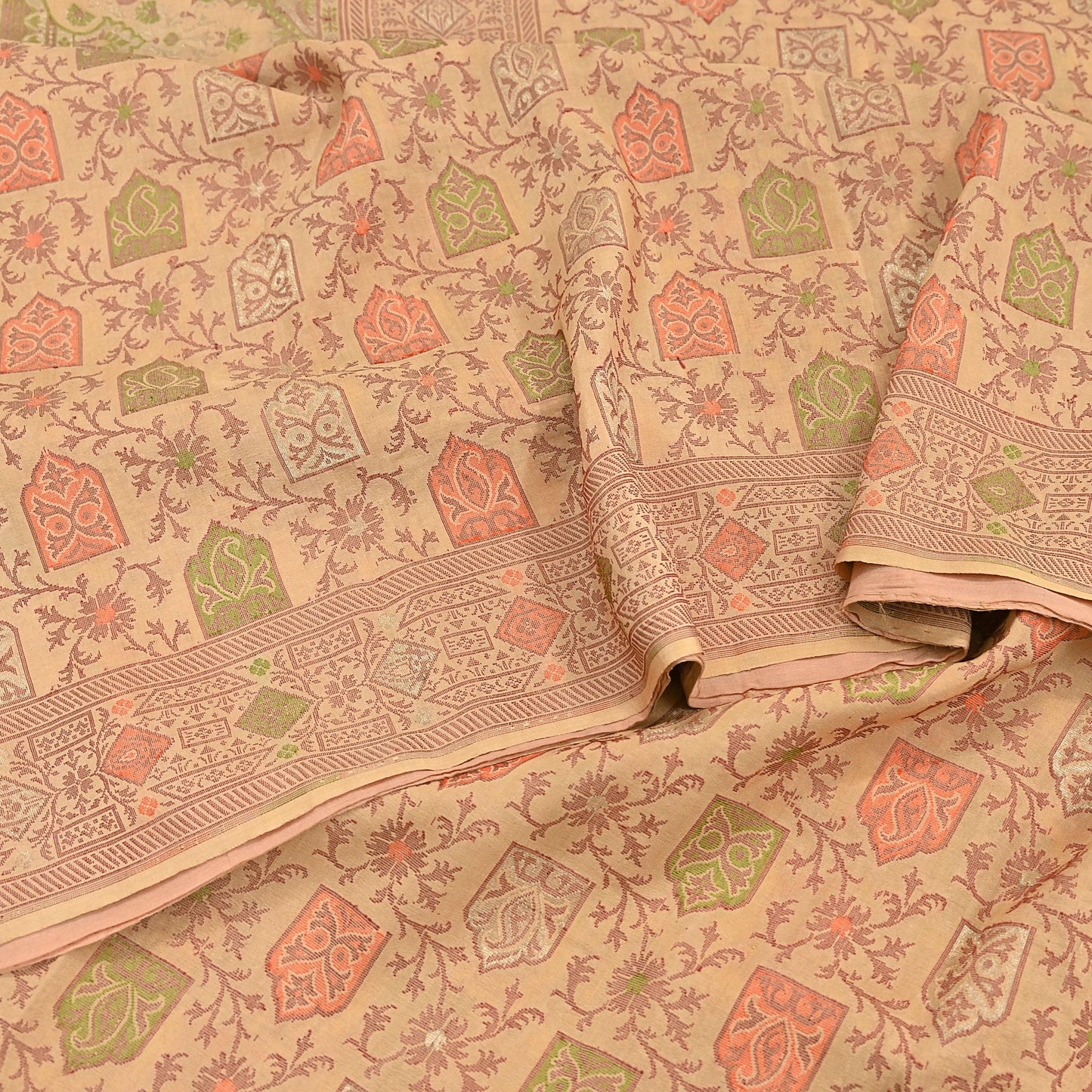 Indian Vintage Sari Beige 100% Pure Silk Hand Woven Saree 5Yd Craft Fabric Ethnic Sewing Zari Upcycle Dress Making Crafting Quilting Used