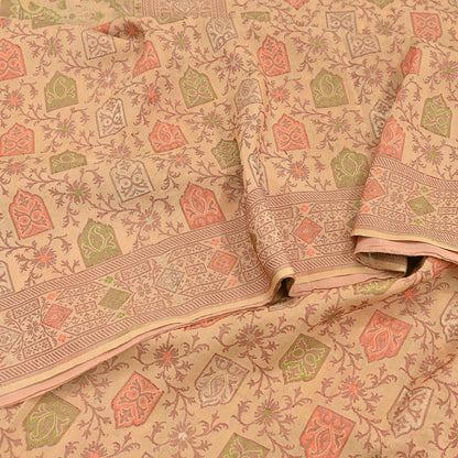 Indian Vintage Sari Beige 100% Pure Silk Hand Woven Saree 5Yd Craft Fabric Ethnic Sewing Zari Upcycle Dress Making Crafting Quilting Used
