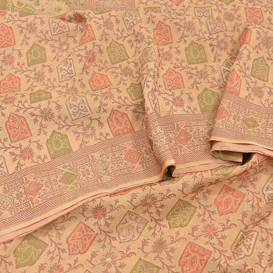 Indian Vintage Sari Beige 100% Pure Silk Hand Woven Saree 5Yd Craft Fabric Ethnic Sewing Zari Upcycle Dress Making Crafting Quilting Used