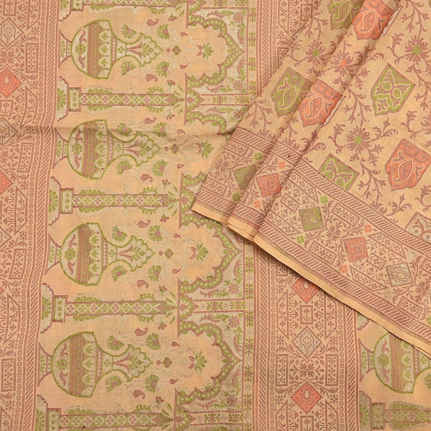 Indian Vintage Sari Beige 100% Pure Silk Hand Woven Saree 5Yd Craft Fabric Ethnic Sewing Zari Upcycle Dress Making Crafting Quilting Used