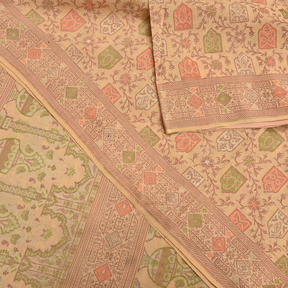 Indian Vintage Sari Beige 100% Pure Silk Hand Woven Saree 5Yd Craft Fabric Ethnic Sewing Zari Upcycle Dress Making Crafting Quilting Used