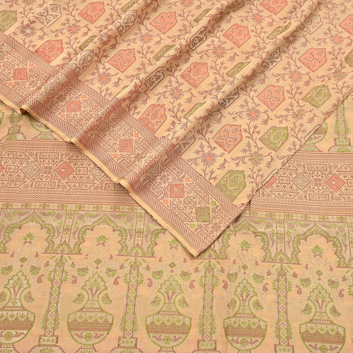 Indian Vintage Sari Beige 100% Pure Silk Hand Woven Saree 5Yd Craft Fabric Ethnic Sewing Zari Upcycle Dress Making Crafting Quilting Used