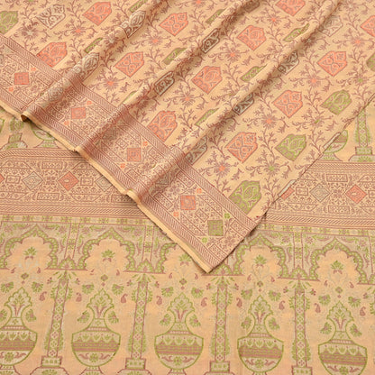 Indian Vintage Sari Beige 100% Pure Silk Hand Woven Saree 5Yd Craft Fabric Ethnic Sewing Zari Upcycle Dress Making Crafting Quilting Used