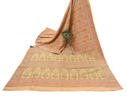 Indian Vintage Sari Beige 100% Pure Silk Hand Woven Saree 5Yd Craft Fabric Ethnic Sewing Zari Upcycle Dress Making Crafting Quilting Used