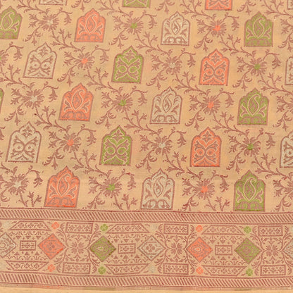 Indian Vintage Sari Beige 100% Pure Silk Hand Woven Saree 5Yd Craft Fabric Ethnic Sewing Zari Upcycle Dress Making Crafting Quilting Used