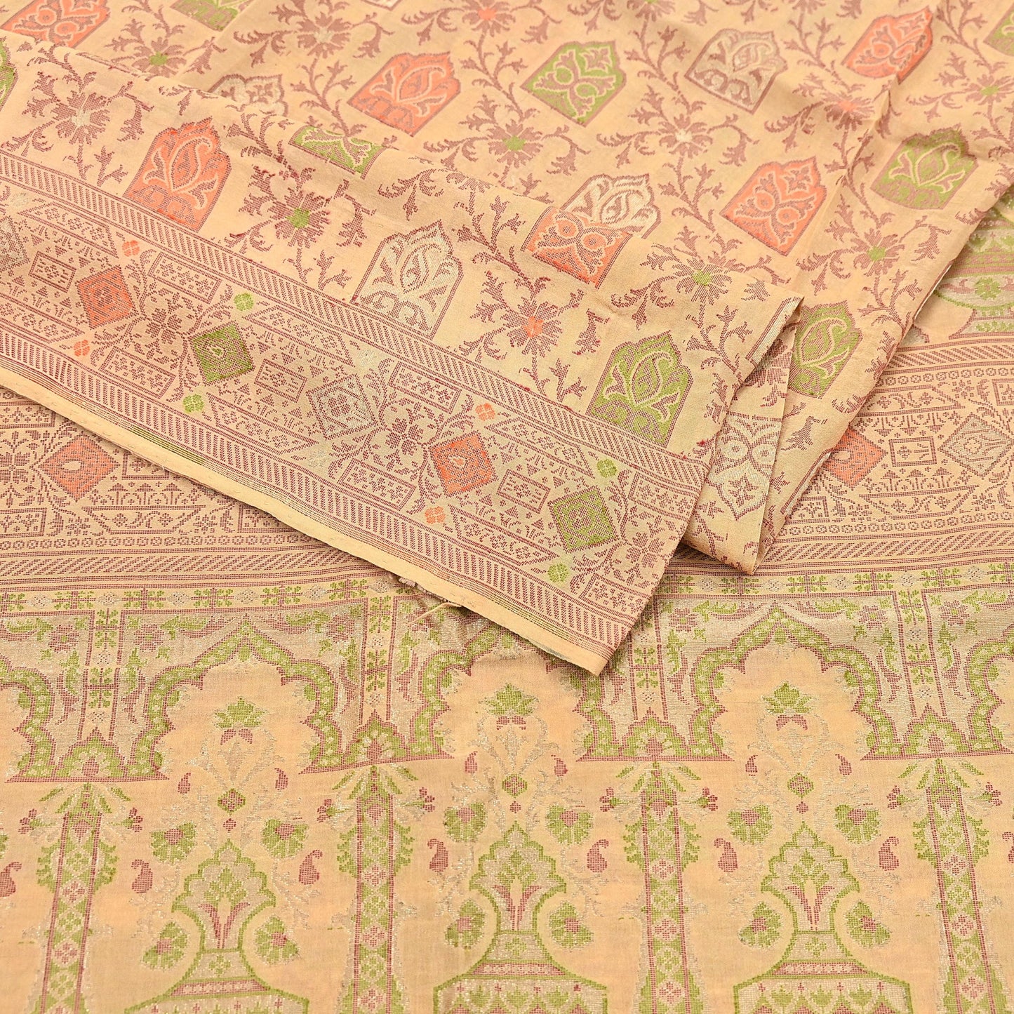 Indian Vintage Sari Beige 100% Pure Silk Hand Woven Saree 5Yd Craft Fabric Ethnic Sewing Zari Upcycle Dress Making Crafting Quilting Used