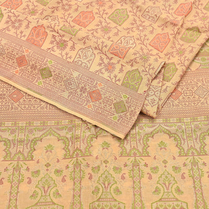 Indian Vintage Sari Beige 100% Pure Silk Hand Woven Saree 5Yd Craft Fabric Ethnic Sewing Zari Upcycle Dress Making Crafting Quilting Used