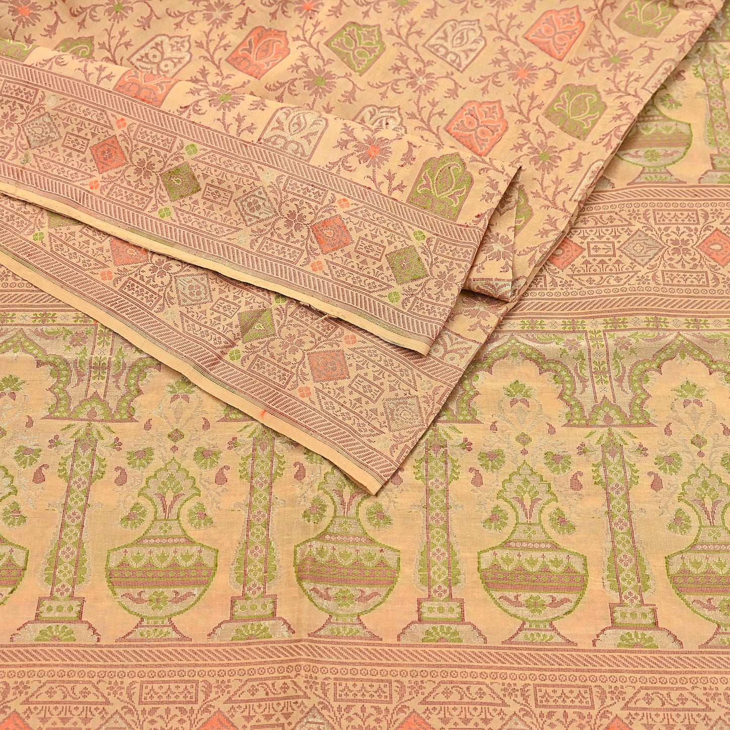 Indian Vintage Sari Beige 100% Pure Silk Hand Woven Saree 5Yd Craft Fabric Ethnic Sewing Zari Upcycle Dress Making Crafting Quilting Used