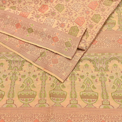 Indian Vintage Sari Beige 100% Pure Silk Hand Woven Saree 5Yd Craft Fabric Ethnic Sewing Zari Upcycle Dress Making Crafting Quilting Used