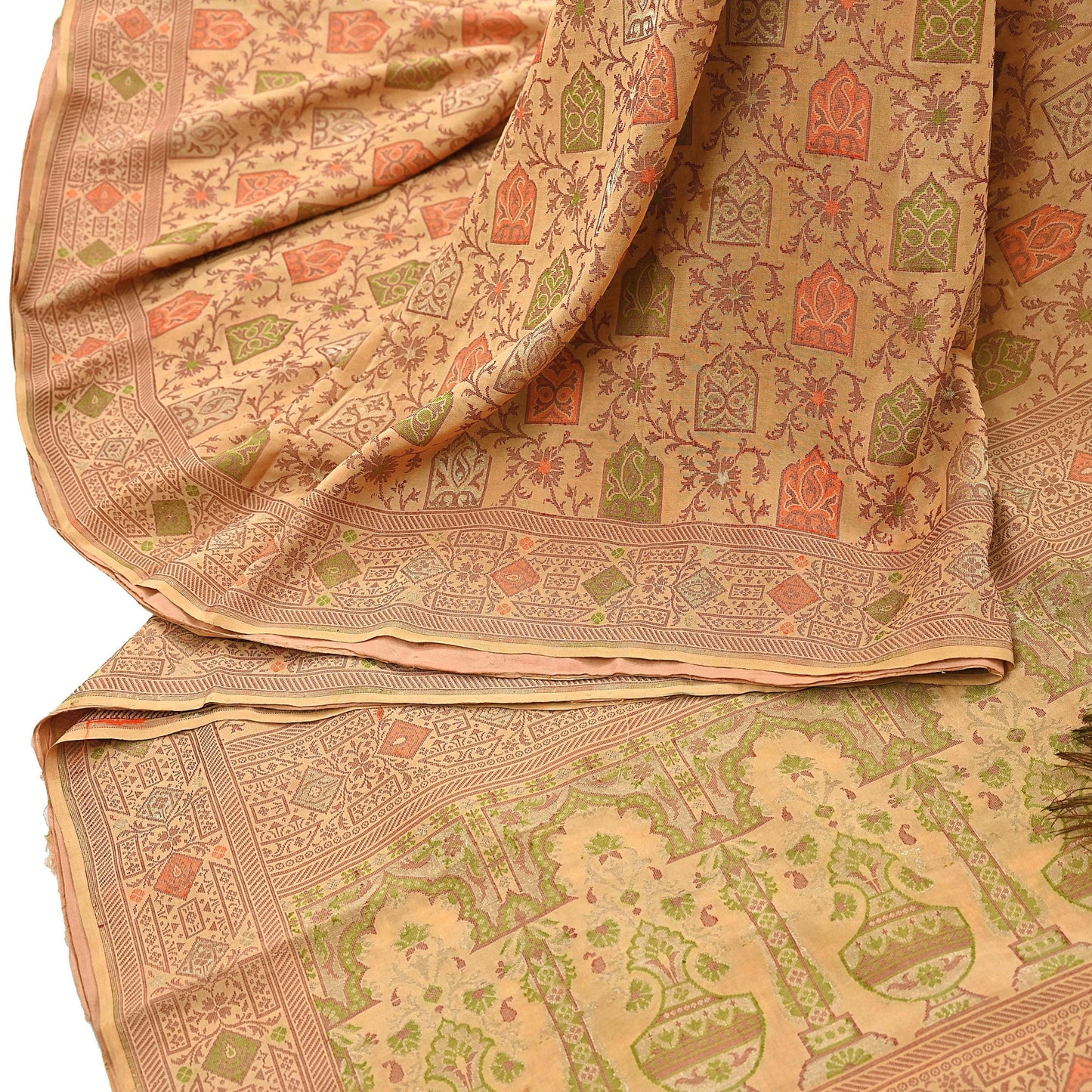 Indian Vintage Sari Beige 100% Pure Silk Hand Woven Saree 5Yd Craft Fabric Ethnic Sewing Zari Upcycle Dress Making Crafting Quilting Used
