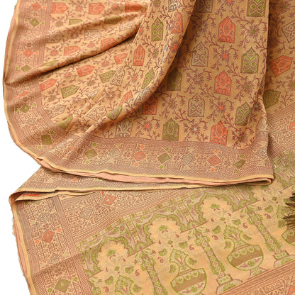 Indian Vintage Sari Beige 100% Pure Silk Hand Woven Saree 5Yd Craft Fabric Ethnic Sewing Zari Upcycle Dress Making Crafting Quilting Used