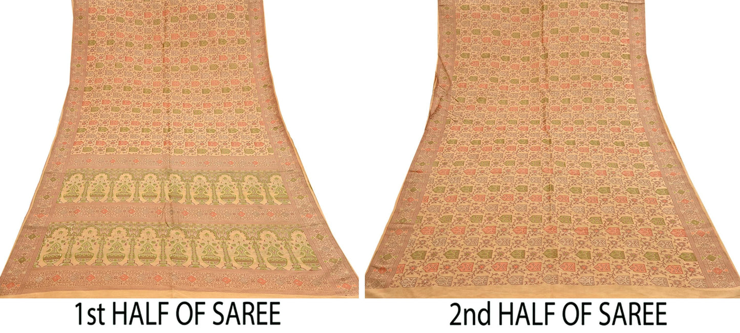 Indian Vintage Sari Beige 100% Pure Silk Hand Woven Saree 5Yd Craft Fabric Ethnic Sewing Zari Upcycle Dress Making Crafting Quilting Used
