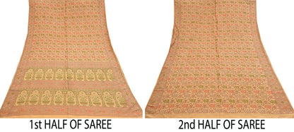 Indian Vintage Sari Beige 100% Pure Silk Hand Woven Saree 5Yd Craft Fabric Ethnic Sewing Zari Upcycle Dress Making Crafting Quilting Used