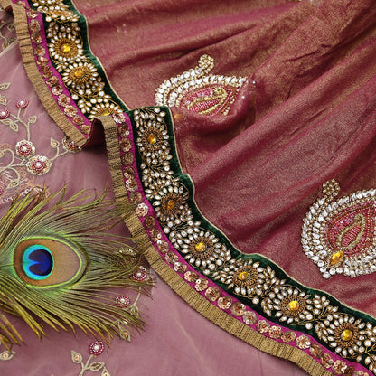 Indian Heavy Sari purple & green Net/Mesh Hand Embroidered Designer Sabyasachi Lehenga Sarees 6yd Ethnic Dabka Zari With Blouse Fabric