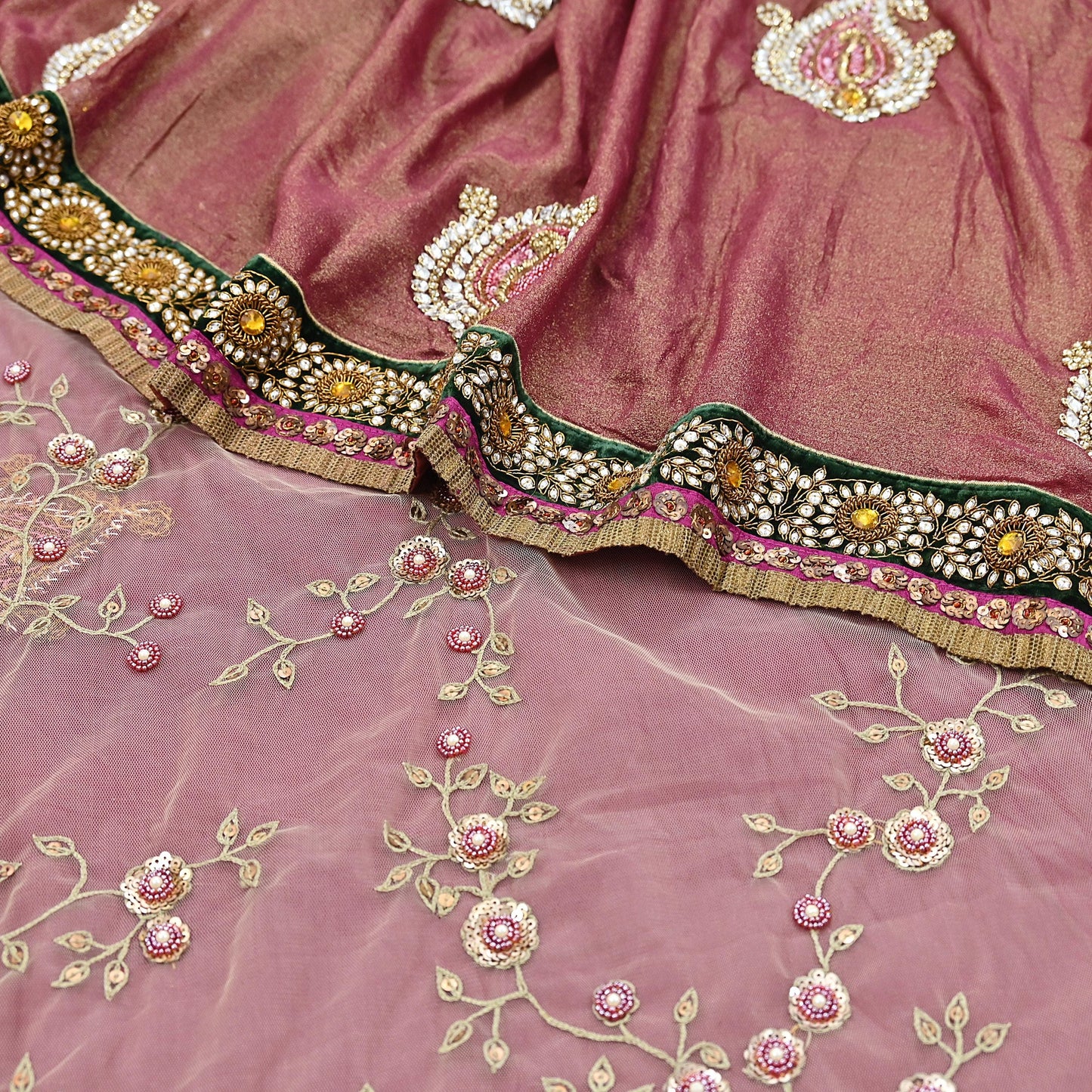 Indian Heavy Sari purple & green Net/Mesh Hand Embroidered Designer Sabyasachi Lehenga Sarees 6yd Ethnic Dabka Zari With Blouse Fabric