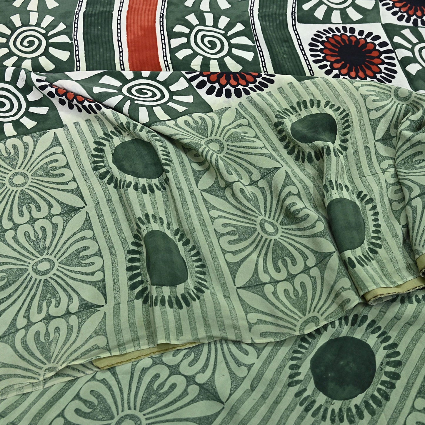 Indian Vintage Sari Green Pure Crepe Silk Printed Saree 5yard Sewing Quilting Floral Soft Craft Fabric Wrap
