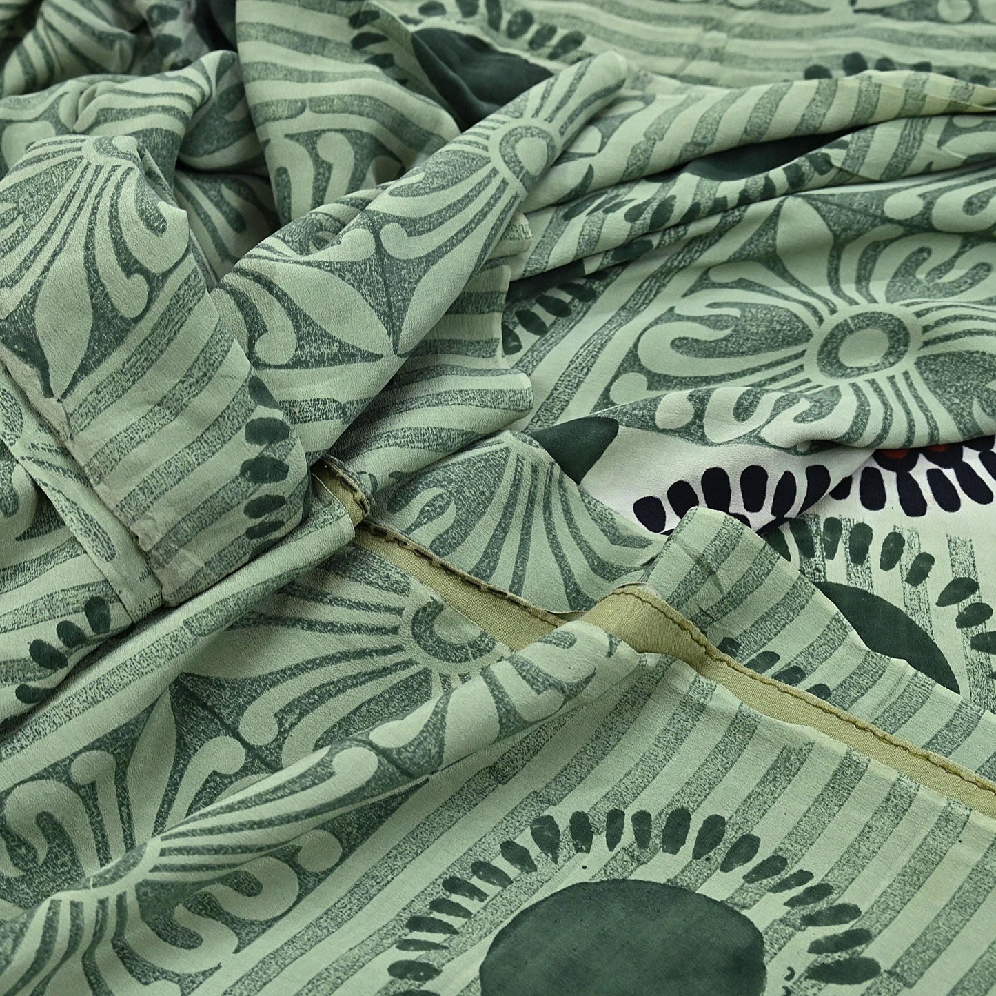 Indian Vintage Sari Green Pure Crepe Silk Printed Saree 5yard Sewing Quilting Floral Soft Craft Fabric Wrap