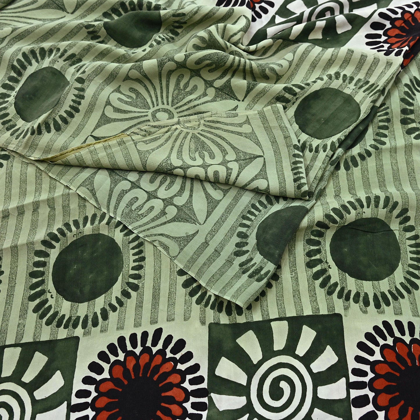 Indian Vintage Sari Green Pure Crepe Silk Printed Saree 5yard Sewing Quilting Floral Soft Craft Fabric Wrap