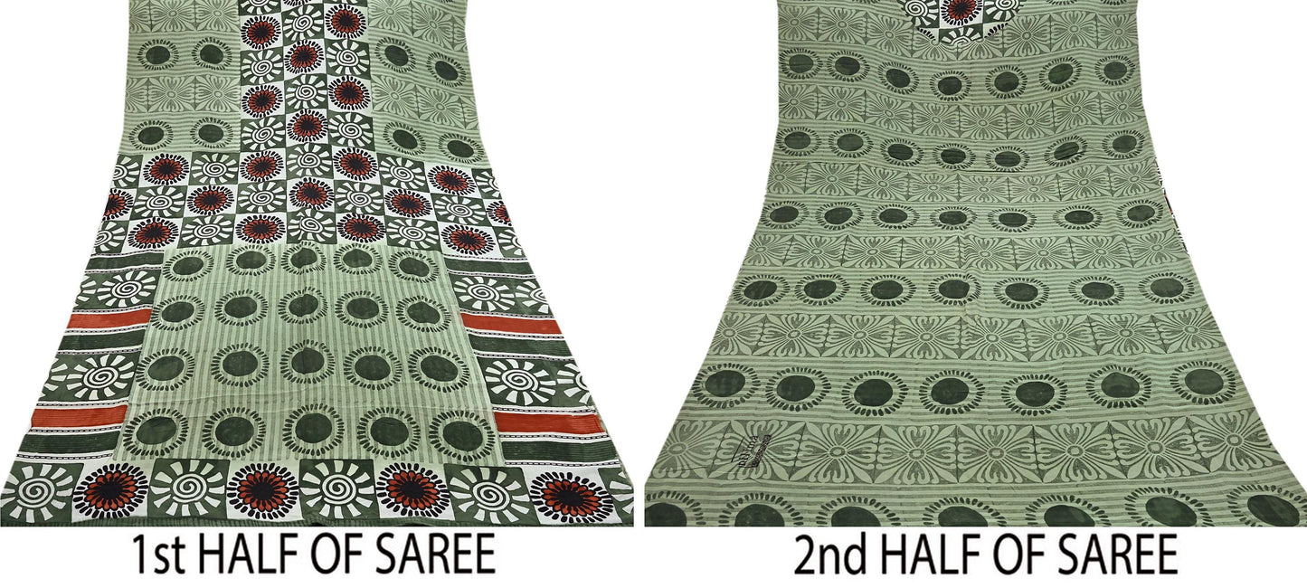 Indian Vintage Sari Green Pure Crepe Silk Printed Saree 5yard Sewing Quilting Floral Soft Craft Fabric Wrap