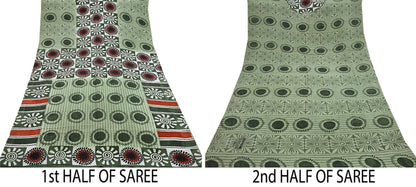 Indian Vintage Sari Green Pure Crepe Silk Printed Saree 5yard Sewing Quilting Floral Soft Craft Fabric Wrap