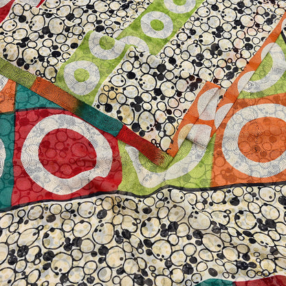 Indian Vintage Sari Ivory & Black Pure Georgette Silk Printed Sarees 6Yd Craft Fabric Sewing Quilting Dress making Crafting Quilting Upcycle