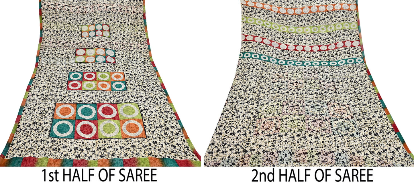 Indian Vintage Sari Ivory & Black Pure Georgette Silk Printed Sarees 6Yd Craft Fabric Sewing Quilting Dress making Crafting Quilting Upcycle