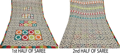 Indian Vintage Sari Ivory & Black Pure Georgette Silk Printed Sarees 6Yd Craft Fabric Sewing Quilting Dress making Crafting Quilting Upcycle