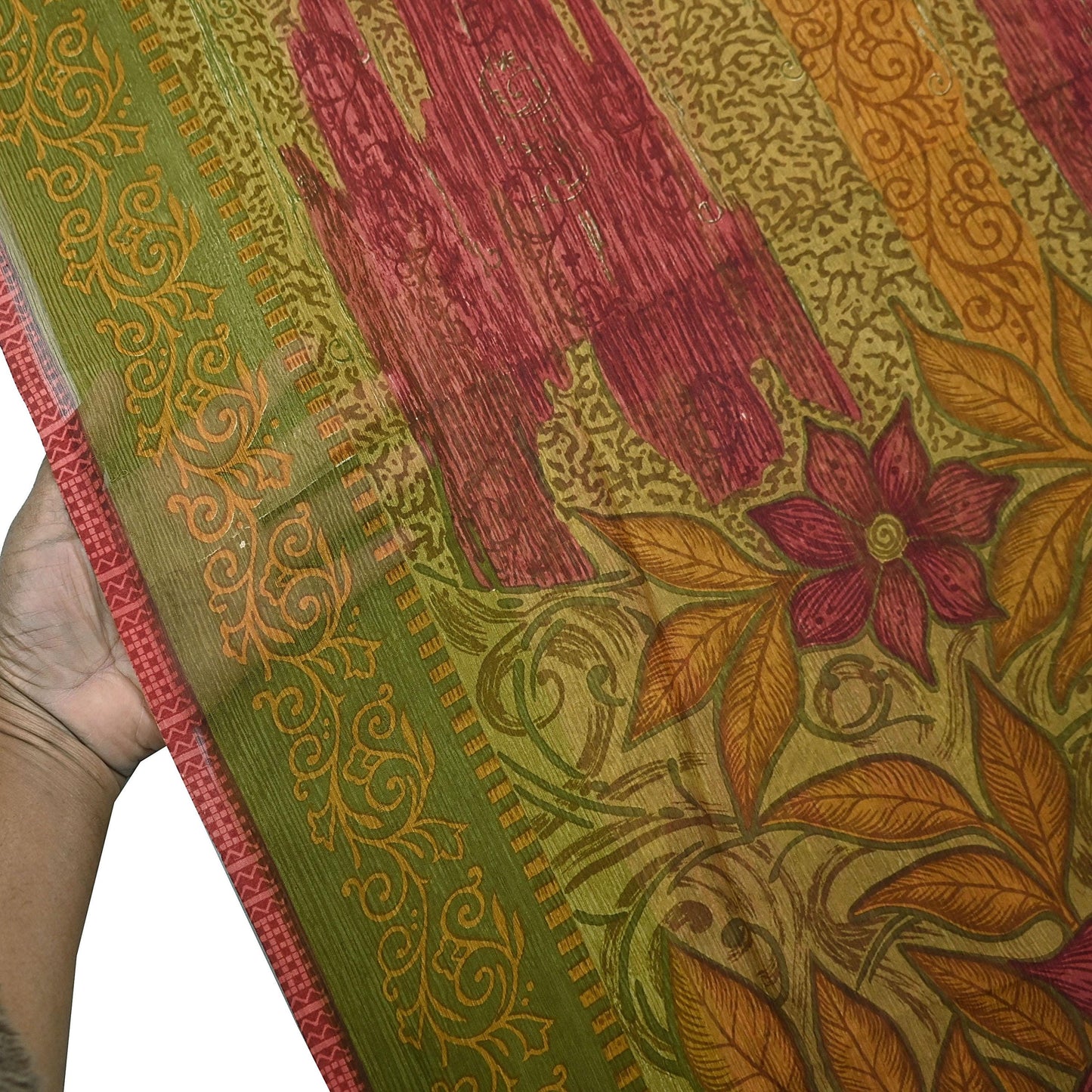 Vintage Saree Green Pure Chiffon Silk Printed Sari Craft Fabric Sewing 6Yard Soft quilting crafting dress making