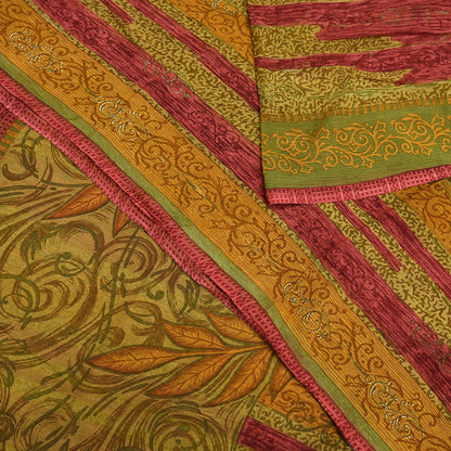 Vintage Saree Green Pure Chiffon Silk Printed Sari Craft Fabric Sewing 6Yard Soft quilting crafting dress making