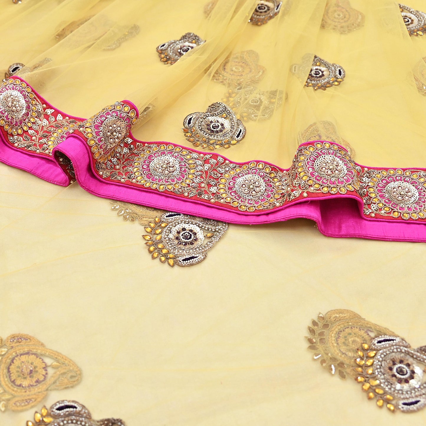 Indian Vintage Saree Yellow Mesh/Net Hand Embroidered Sabyasachi Designer Sari 6Yd Soft Ethnic Bollywood Party saree